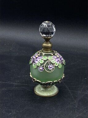 Green Round Perfume Bottle Enamel Gold Tone Filigree Purple Butterfly